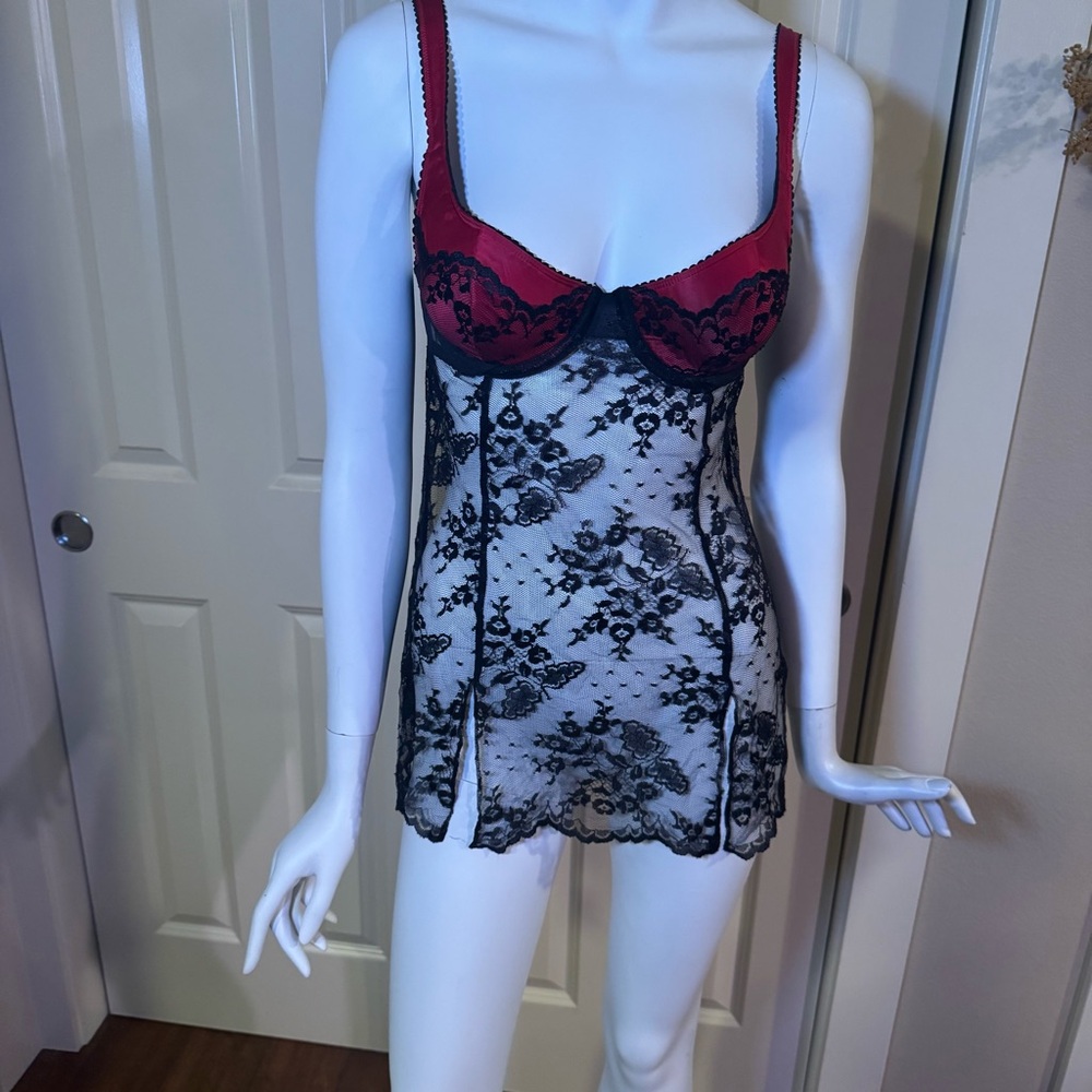 Sheer Black Lace Chemise Set with Red Satin Underwire Cups